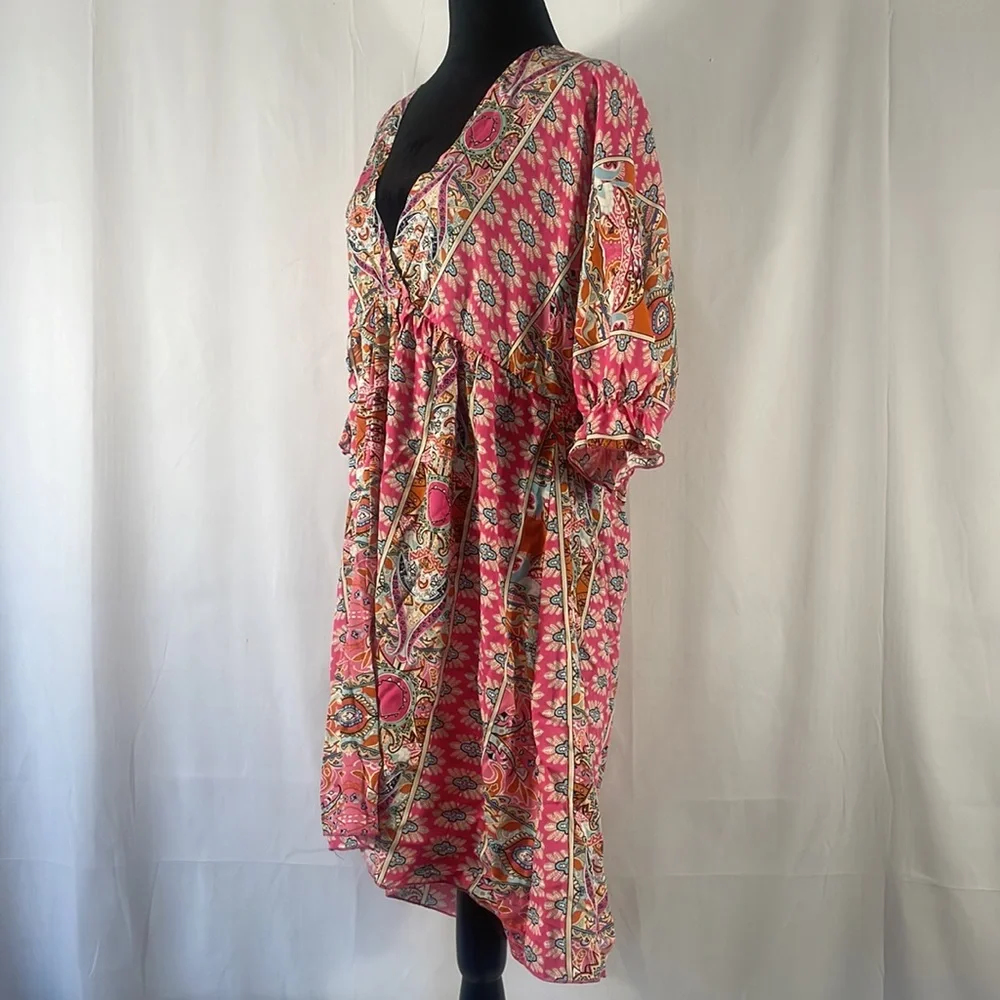Pink multi colored hanker chief dress,V neck,tie in back,floral print,mid sleeve - Picture 2 of 12
